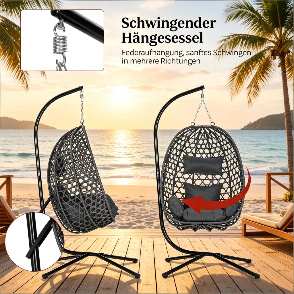 Fauteuil suspendu in rattan PE con altezza regolabile e base stabile, con cuscino e poggiatesta, grigio scuro
