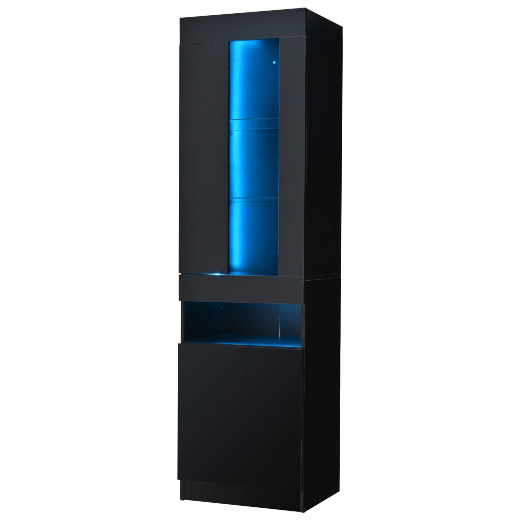 Vetrina con led e 1 anta semicoperta, 2 ripiani in vetro e vani aperti, stile moderno, per soggiorno e ufficio, nero, 50 × 40 × 180 cm