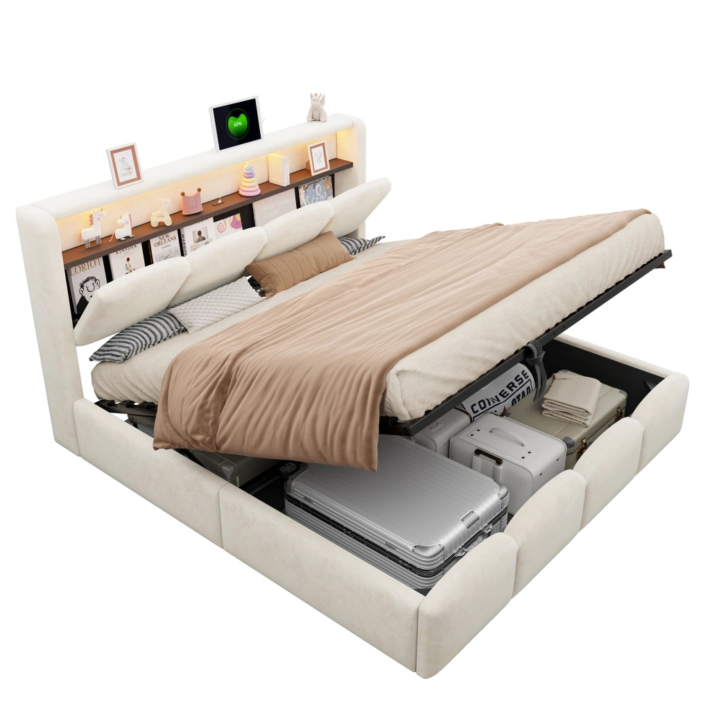 Letto imbottito con contenitore idraulico, USB-C e LED, 140x200 cm, velluto beige