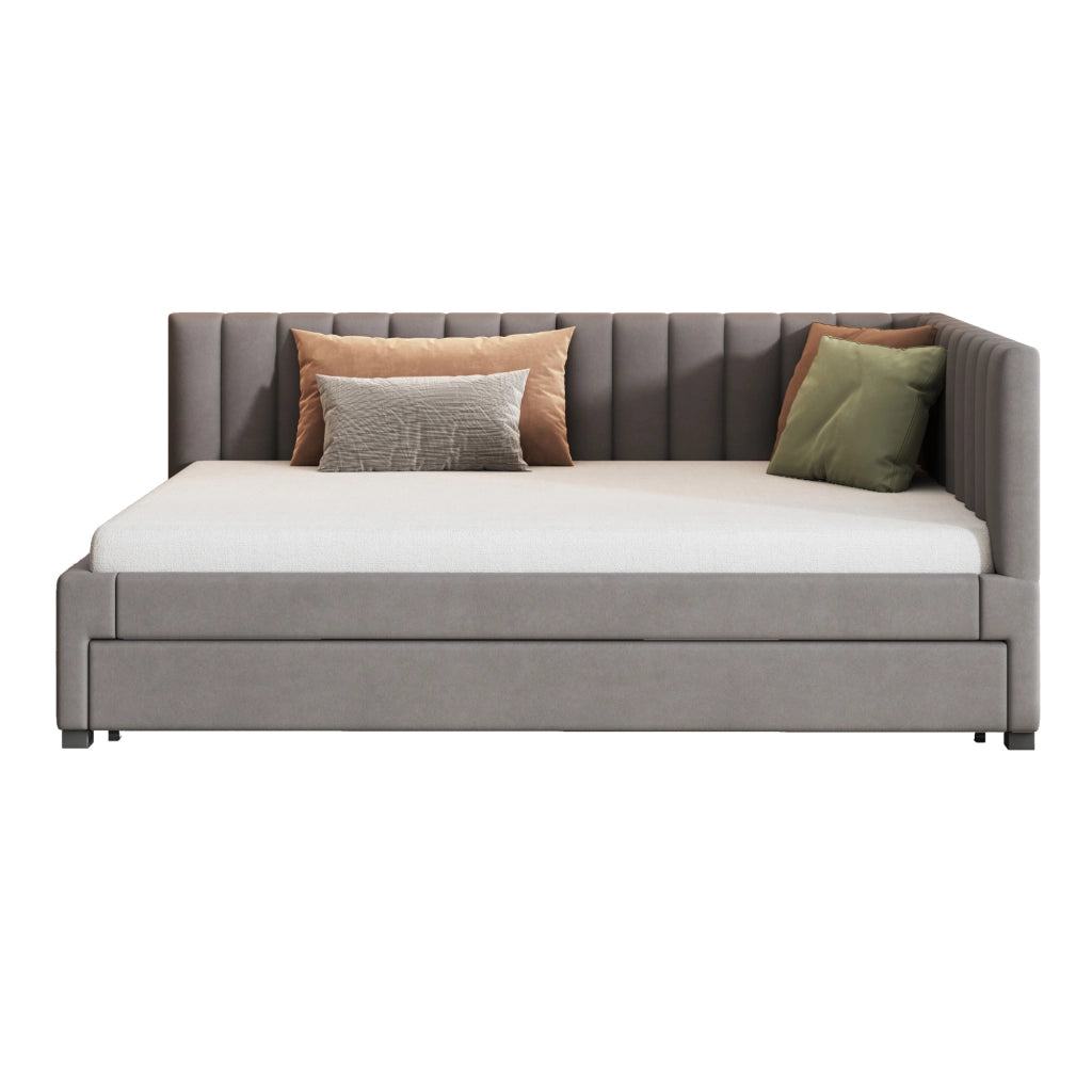 OKWISH Letto a Divano 140×200 cm, Letto Singolo con Letto Estraibile, Testiera Imbottita e Doghe, senza Materasso, Velluto Grigio