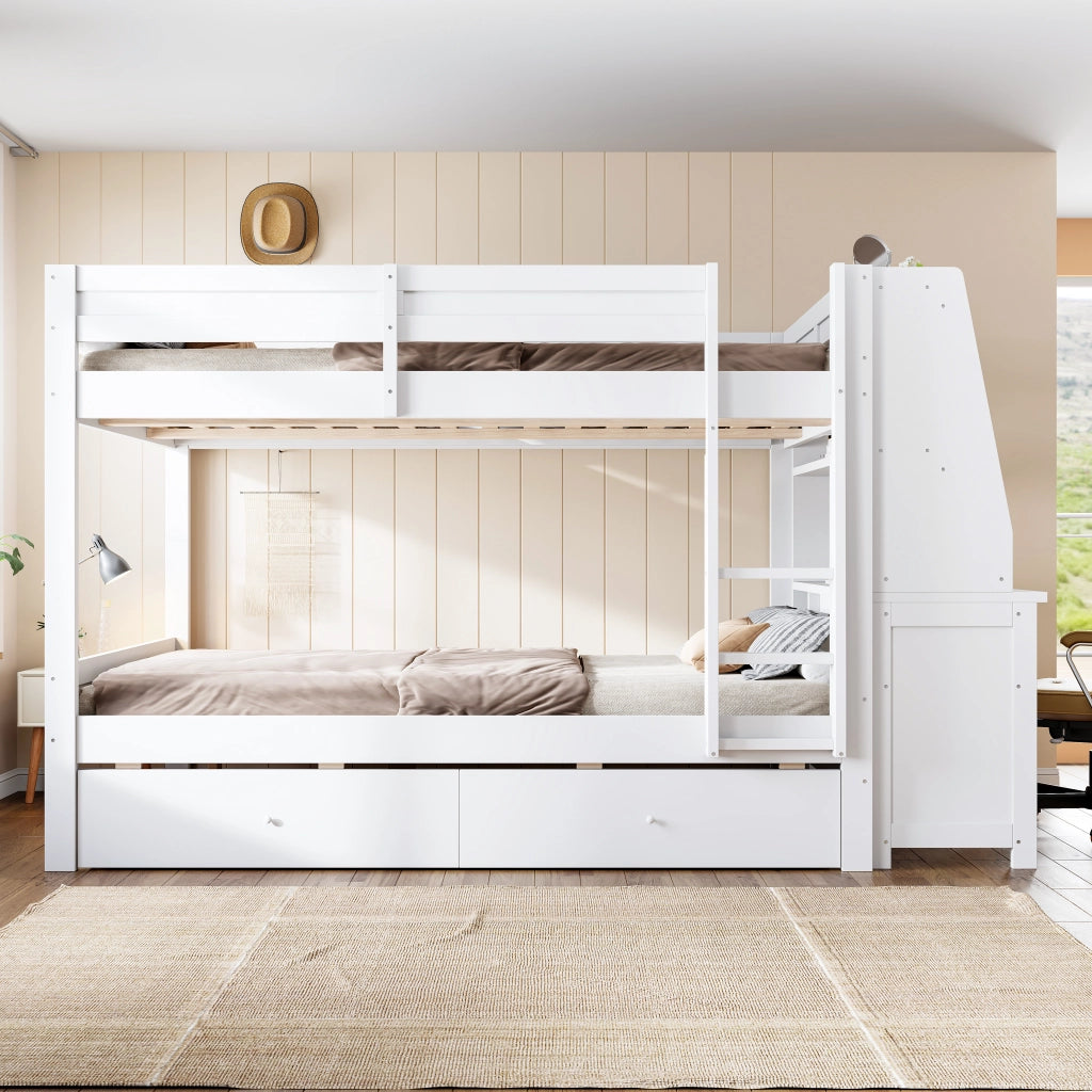 Letto a Castello 140x200 cm con Scrivania; Scaffali; Cassetti e Sponda Bianco