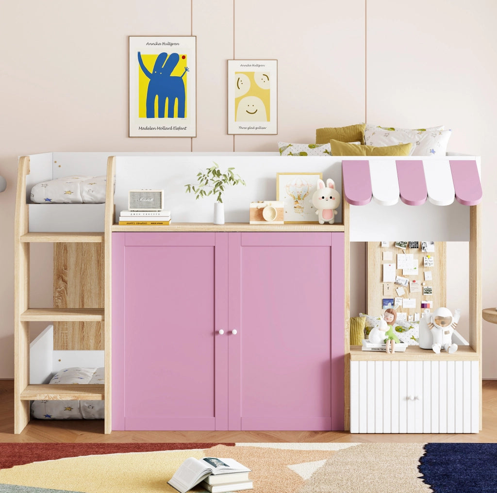 Letto a soppalco 90x200 cm con scala e vano contenitore in legno bianco e rosa