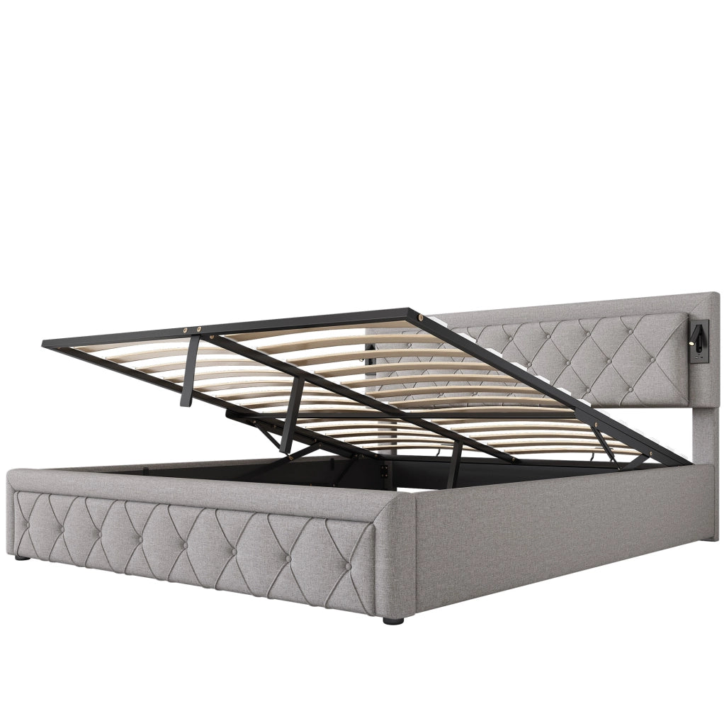 Letto matrimoniale imbottito con contenitore, LED e USB, struttura con rete in legno