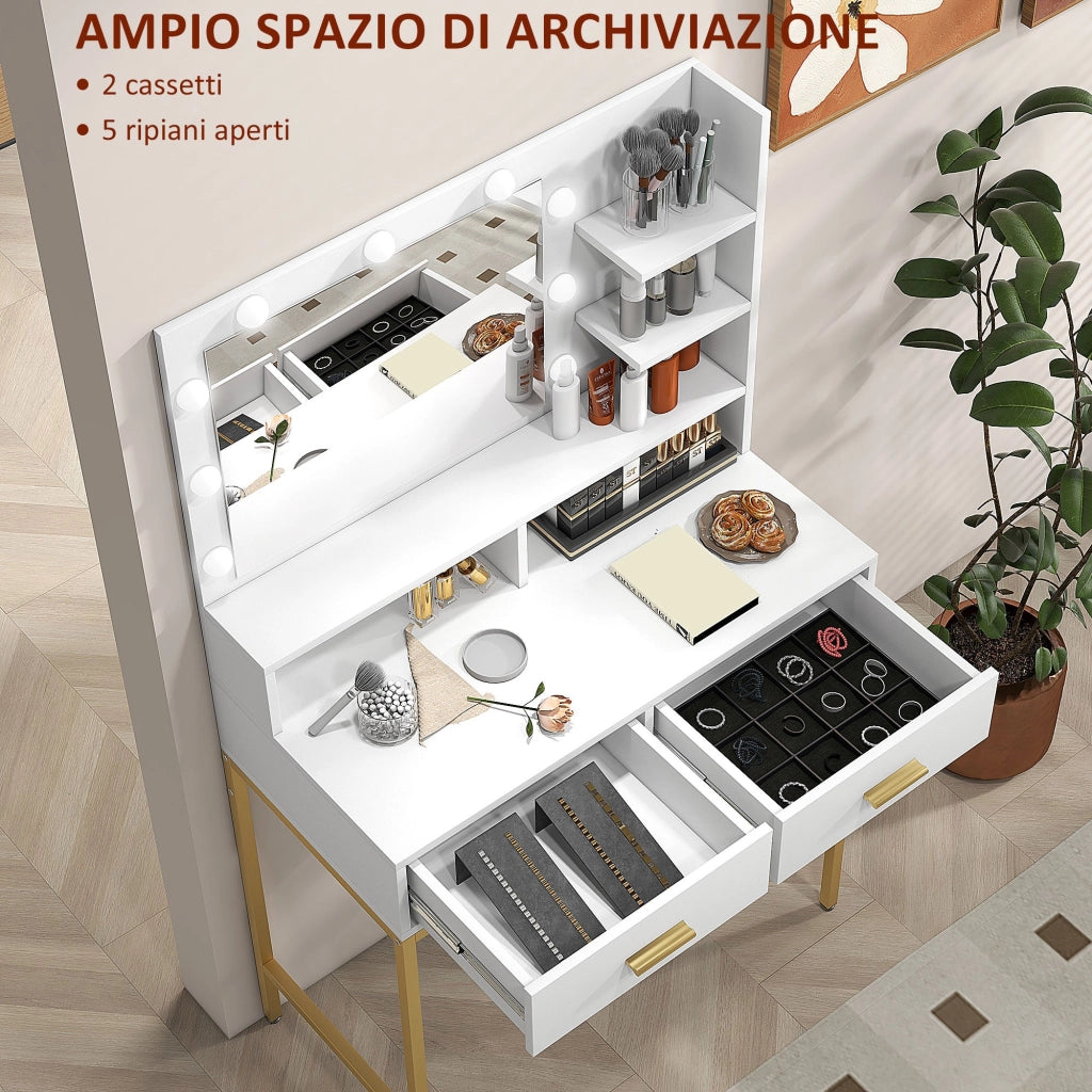 Mobile Toeletta con Specchio 2 Cassetti 5 Ripiani e Sgabello 80x40x138 cm in MDF e Truciolato Bianco