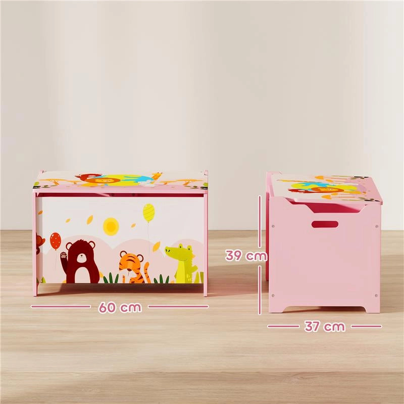 BAULE PORTAGIOCHI PER BAMBINI CON CERNIERE DI SICUREZZA IN LEGNO CON DISEGNI DI ANIMALI, 60X37X39 CM, ROSA