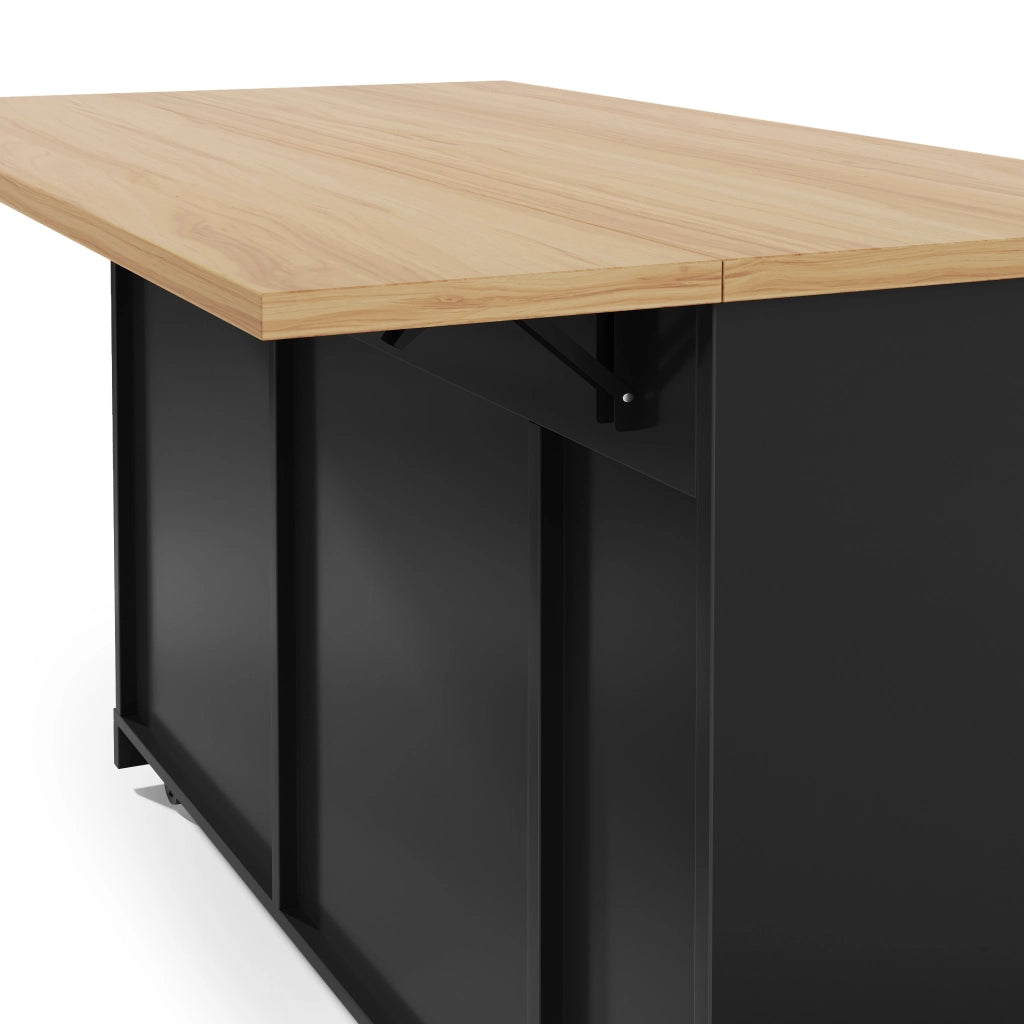 Isola da cucina, piano ribaltabile, scaffale a 4 ripiani per condimenti, 2 cassetti, ruote con freno, colore nero e naturale