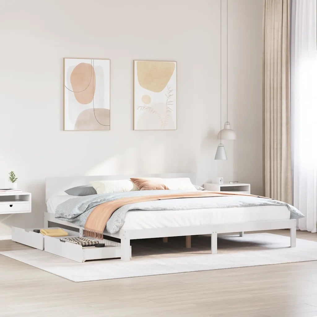 Giroletto con Cassetti-Struttura Letto con contenitore Bianco 200x200 cm Legno Massello di Pino 458405