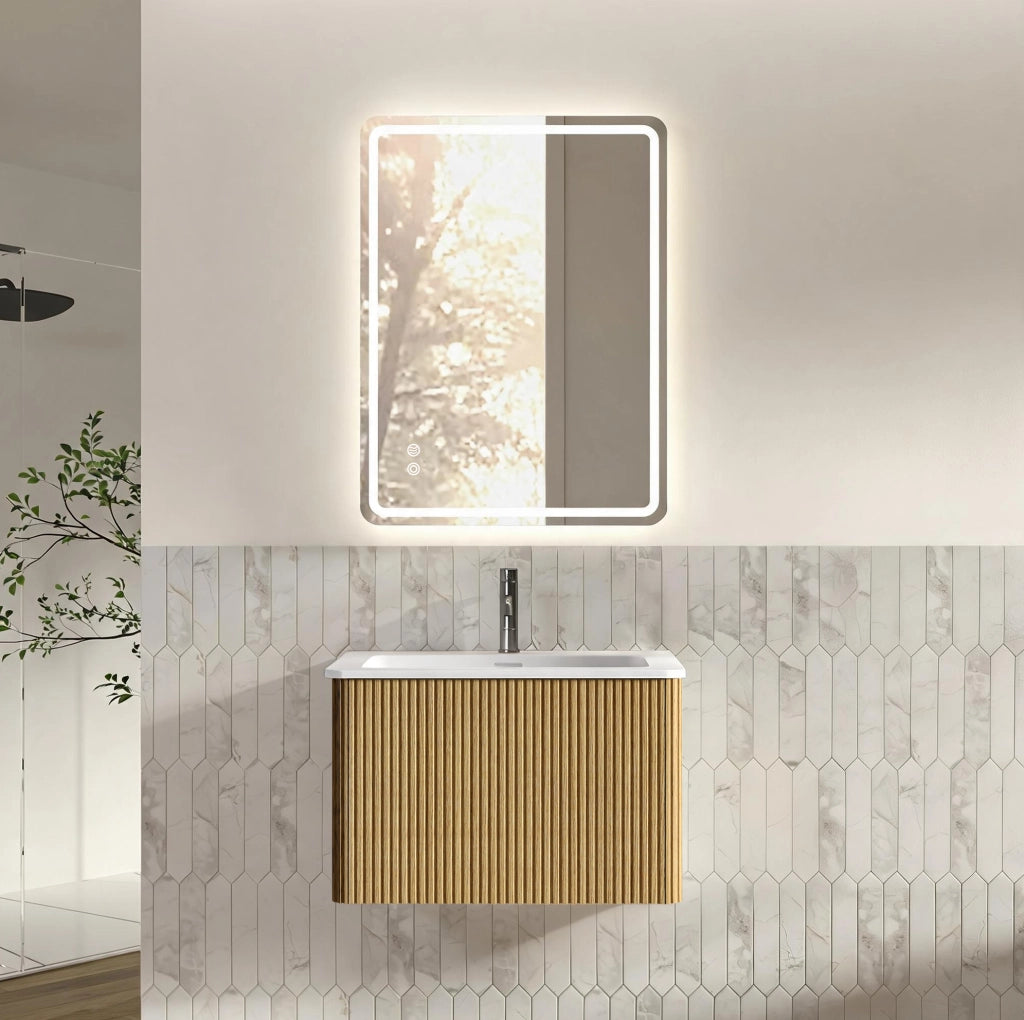 MOBILE BAGNO Sospeso con Specchio LED e Lavabo, Rovere, Set da 2 pezzi