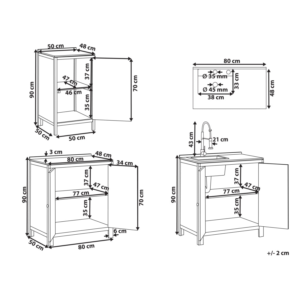 Set di armadietti da cucina per esterni con lavello e rubinetto in legno di acacia marrone e nero Unità di scaffali in acciaio inox