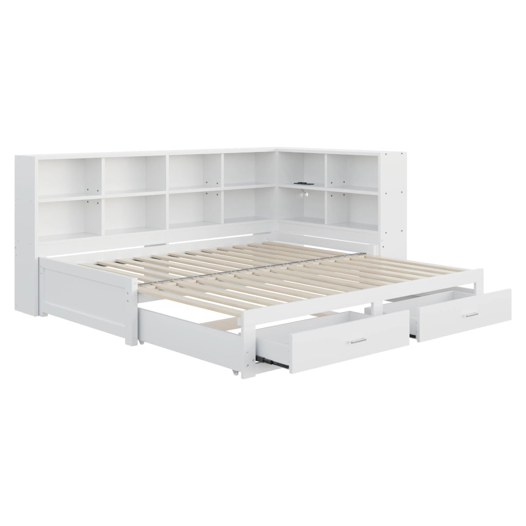 OKWISH Letto a Scomparsa 90×190 cm e 180×190 cm, Letto Singolo con Vani, 2 Cassetti e Presa Multifunzione, senza Materasso, Legno, Bianco