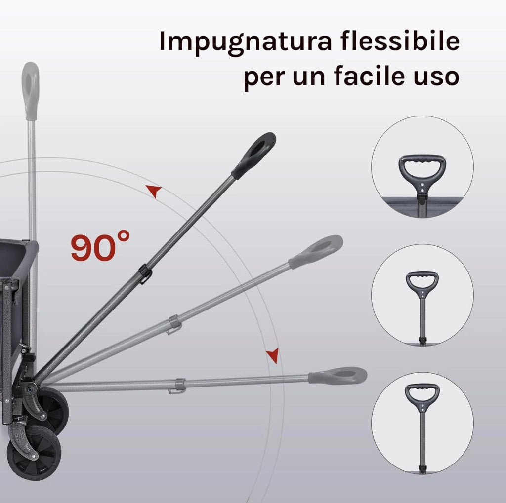 Carrello con Ruote, Carrello da Giardino Pieghevole, Manico Regolabile, 78x43x90cm, Capacità di carico: 80 kg, Ruote per Tutti i Terreni, per Esterni, Giardinaggio, Campeggio, Shopping, Grigio