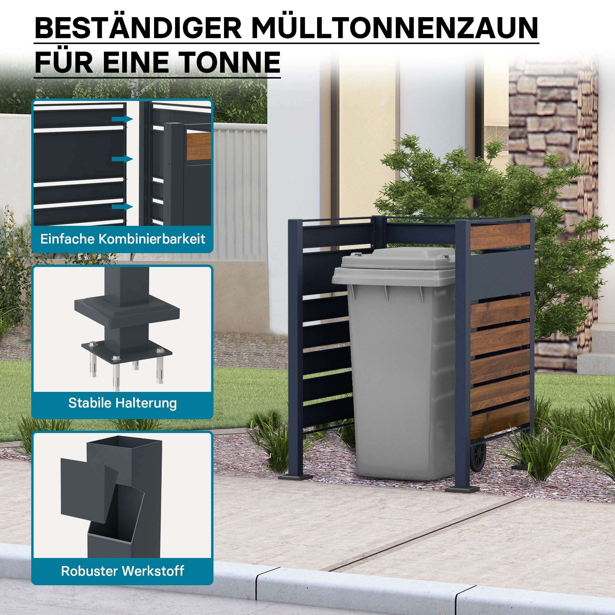 Copri bidone della spazzatura per un cassonetto da 60-240l, copribidoni da esterno in acciaio antracite ed effetto legno, porta bidoni immondizia