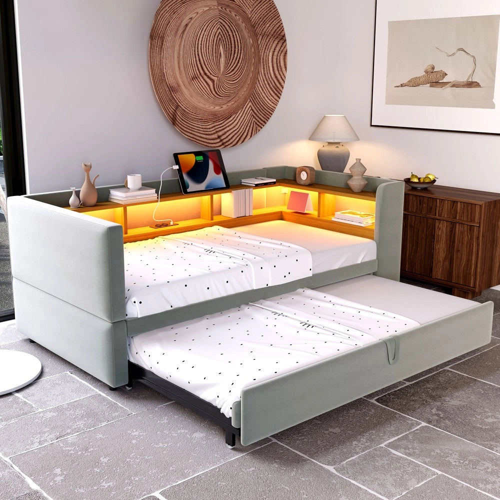 Letto imbottito estraibile ¨C Minimal ¨C grigio chiaro 90/180x190cm con led