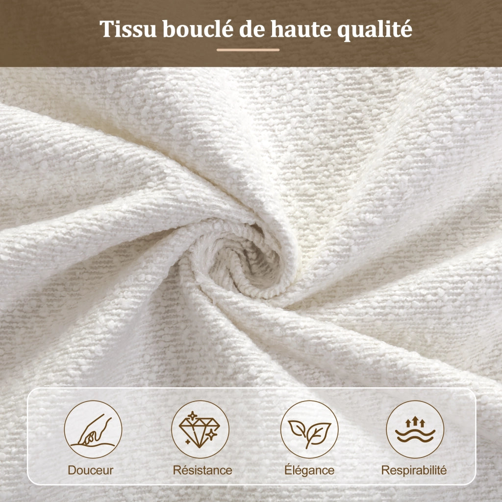 Letto contenitore con rete a doghe e testiera imbottita rivestito in bouclé beige