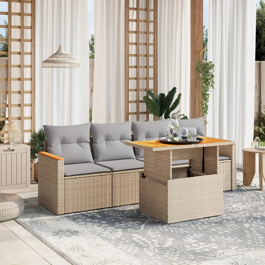 Set Divano da Giardino 5 pz con Cuscini-Sofa da Giardino-Divanetto da esterno Beige in Polyrattan 909685