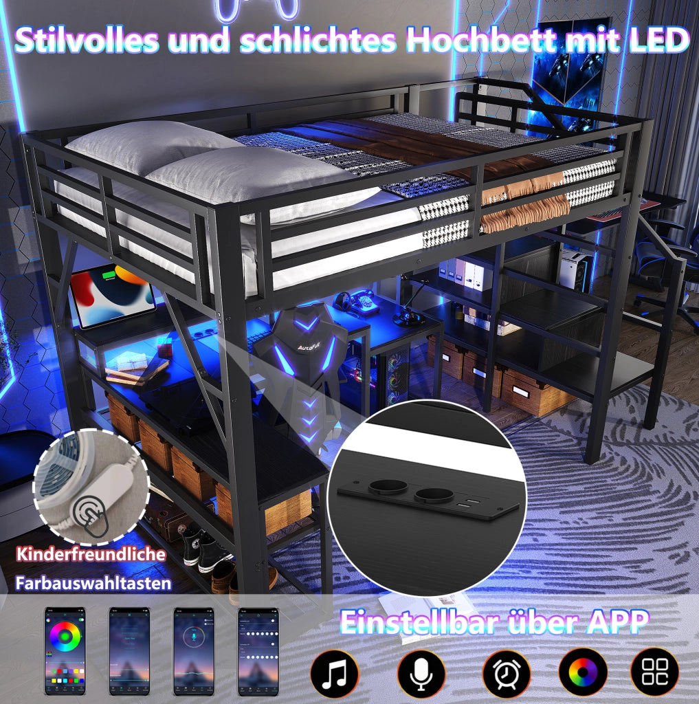 Letto a soppalco 140x200 cm con scrivania, LED e USB