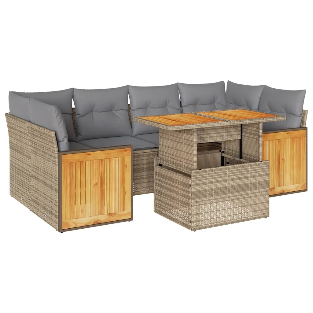 Set Divani da Giardino 7 pz con Cuscini Beige Polyrattan Acacia
