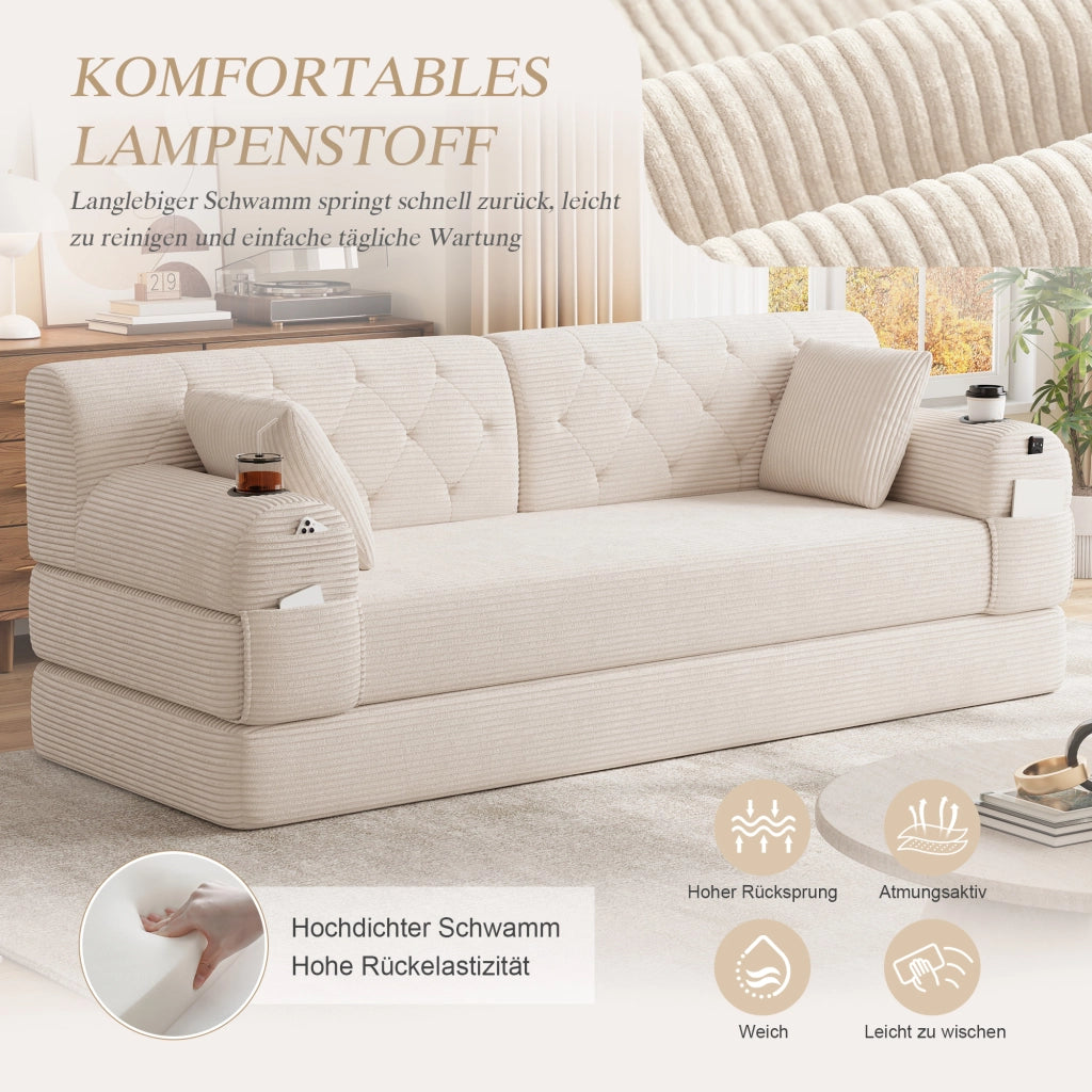 Divano letto a 3 posti in velluto a coste con schienale alto, 4 tasche e 2 portabicchieri, senza montaggio, beige
