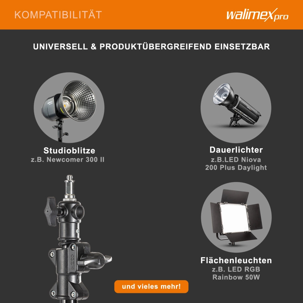 Stativo a giraffa con ruote, treppiede regolabile in altezza da 130 a 390 cm, braccio telescopico estensibile da 115 a 215 cm, stabile supporto per lampade da studio, softbox e riflettori