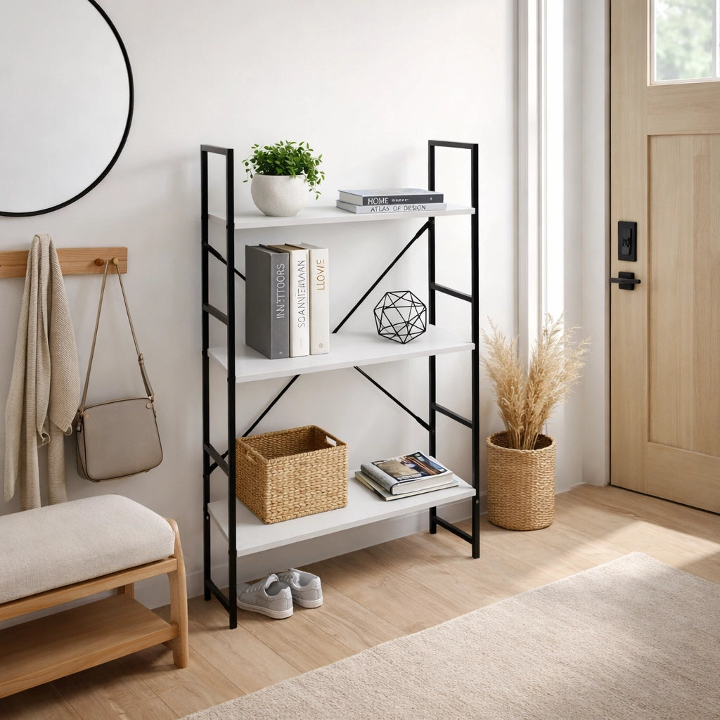 Mobile Scaffale Industrial 3 Ripiani Metallo Nero Legno Mdf Bianco 59x24 H80cm