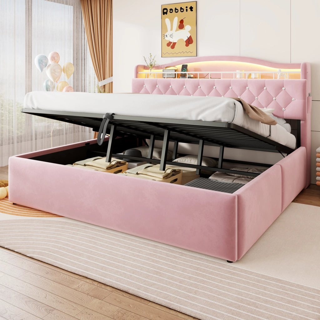 Letto contenitore 180 × 200 cm con sollevamento idraulico, USB, USB-C, led et cassetti testiera, sans materasso