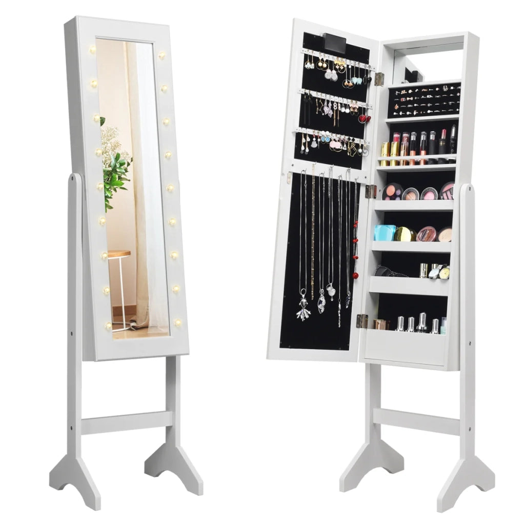 Mobile portagioielli indipendente 35 x 31,5 x 145 cm angolazione regolabile con 18 LED design moderno in MDF bianco 20_0014868