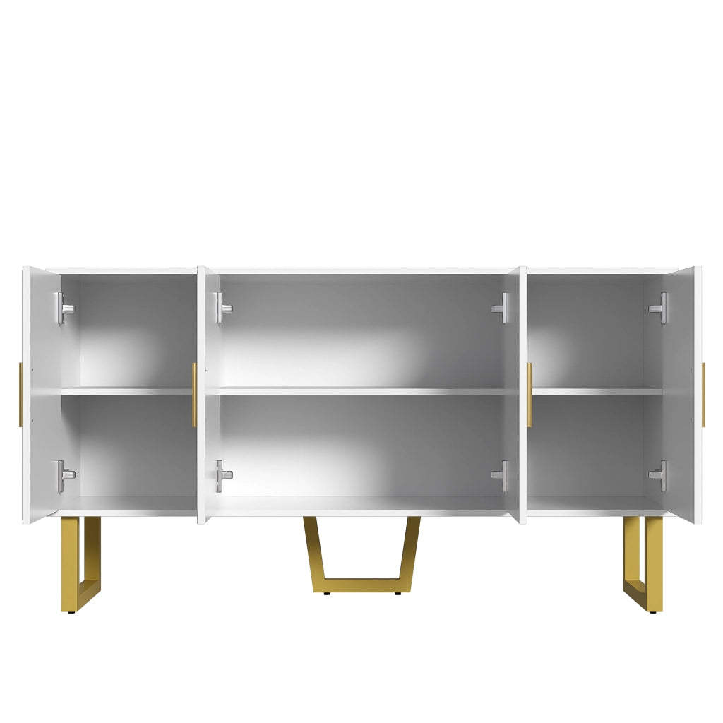 Credenza Bianca Moderna 150 cm Madia 4 Ante Lucida con Maniglie Dorate e Ripiani Regolabili