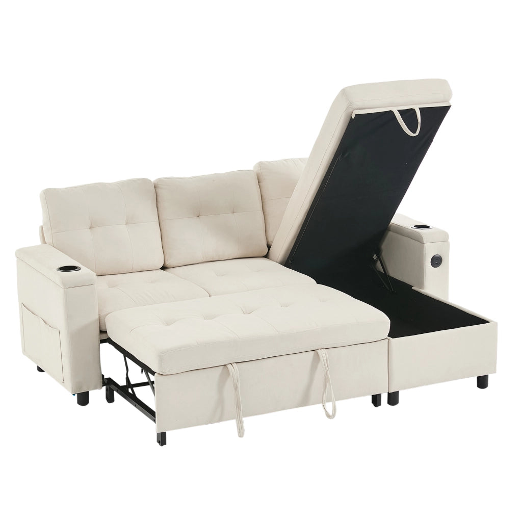 Divano letto pieghevole con contenitore; LED; USB e Type-C; tessuto beige