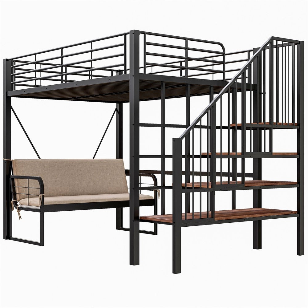 Letto a Castello 140x200 con Divano Estraibile, Contenitore e Scala ¨C Xylo ¨C Nero, Metallo