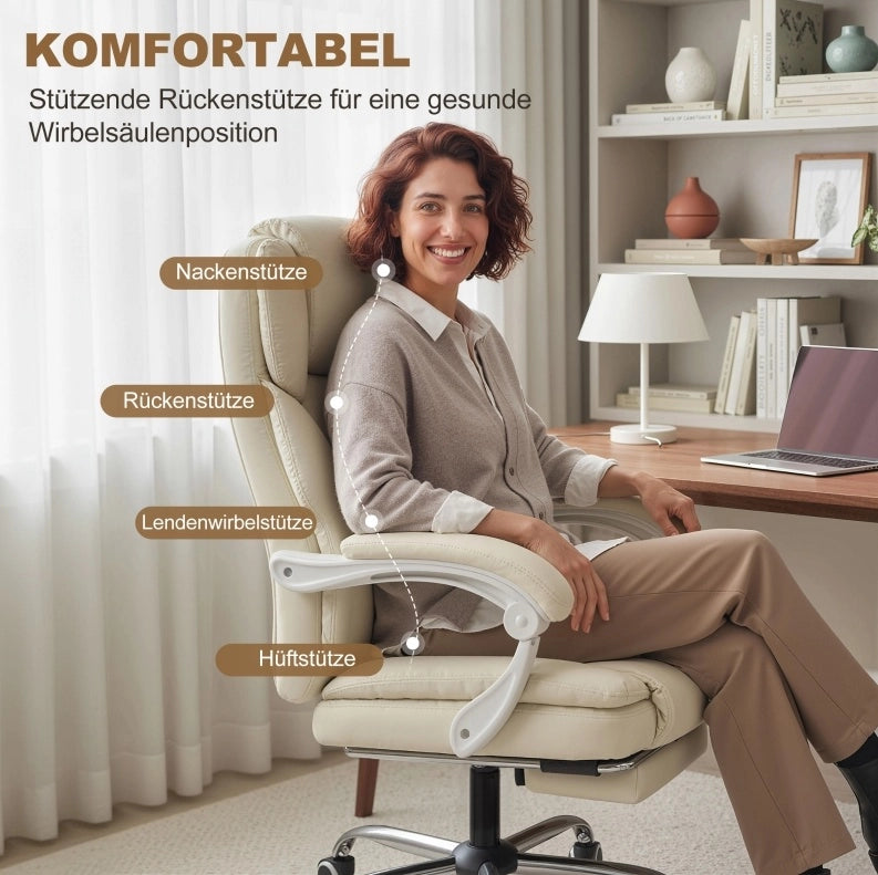 Poltrona da ufficio reclinabile beige con poggiapiedi