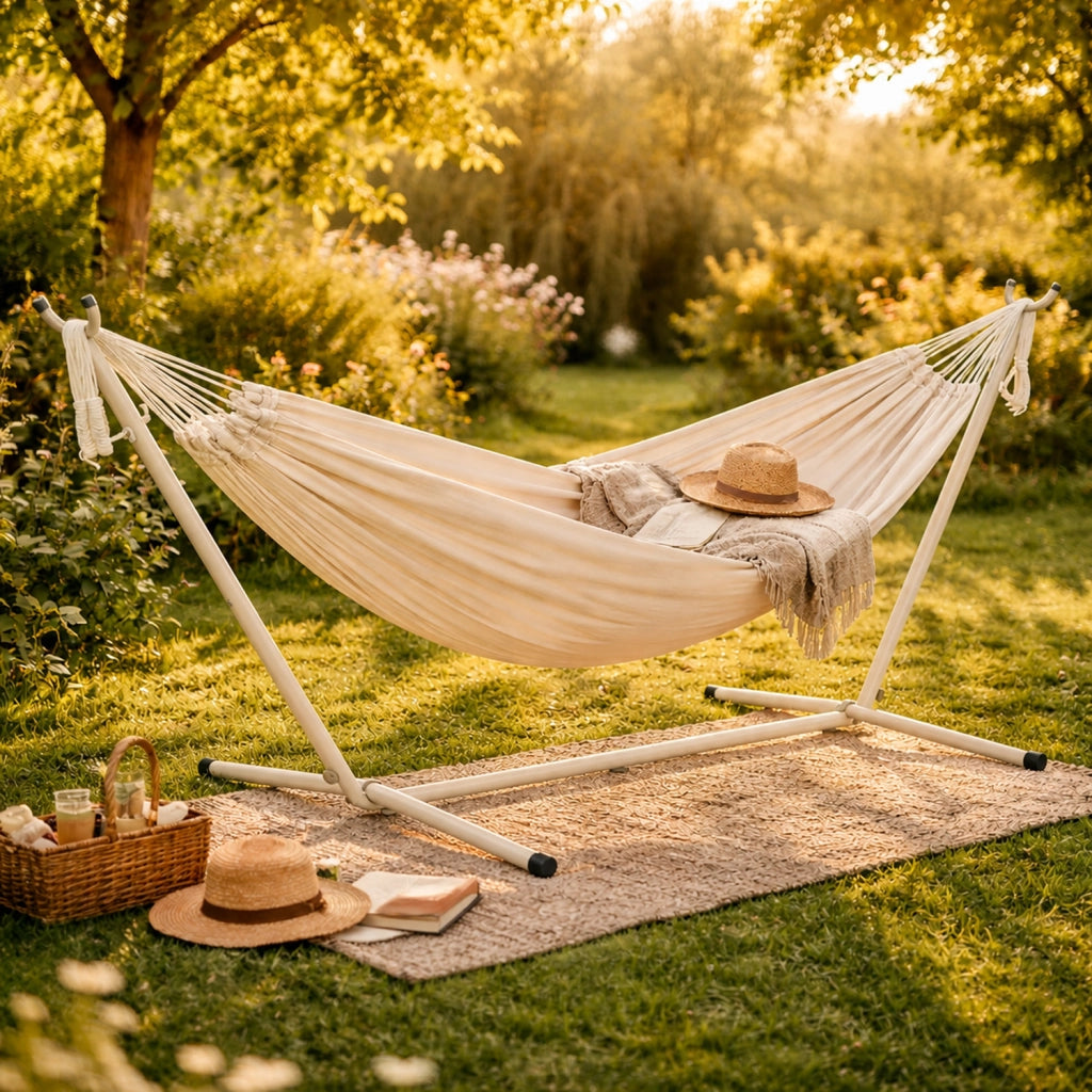 Amaca Brasiliana Con Supporto In Acciaio Altezza Regolabile Telo Cotone Da Esterno Per Giardino Balcone Piscina 100 x 110 x 265 Cm Beige