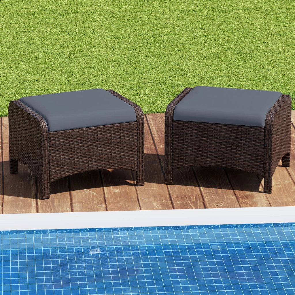 Set di 2 poggiapiedi da giardino in PE rattan con cuscino rimovibile, Pouf da esterno ottomano multiuso Grigio
