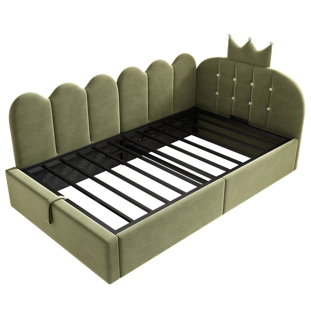 Letto contenitore daybed 90x200 cm in velluto verde con design a corona, senza materasso