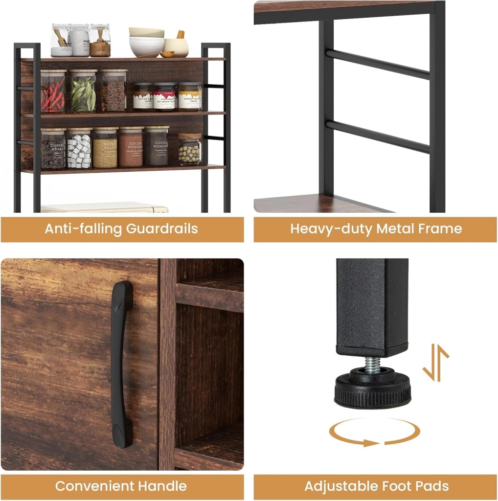 Scaffale da cucina con presa di corrente alto 170cm, scaffale da forno in legno e telaio metallico, scaffale per microonde con ganci a forma di S e portabottiglie per vino, scaffale