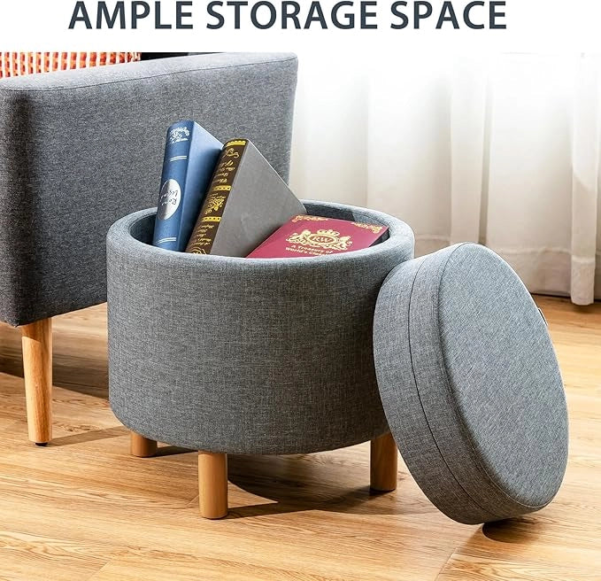 Pouf Rotondo con Contenitore e Vassoio, Poggiapiedi Imbottito con Base in Legno e Piedini Antiscivolo, Tavolino da Caffè per Soggiorno, Camera da Letto (Grigio)