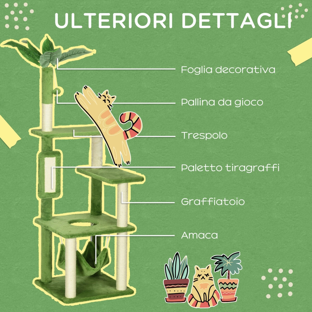 Tiragraffi Albero per Gatti con Amaca e Pallina ¨C zephmum ¨C Verde Sisal 49x49x142