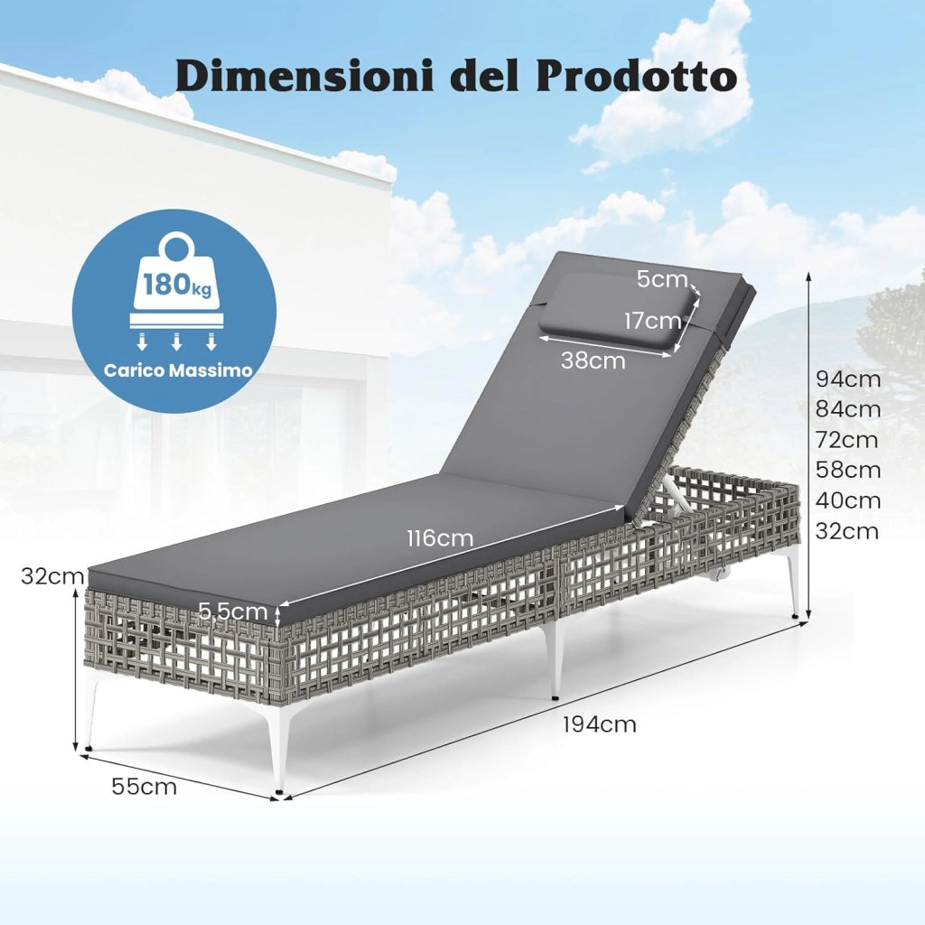 Sdraio Giardino Rattan, Lettino Prendisole con Schienale Regolabile 6 Livelli, Cuscino e Poggiatesta Removibili Incluso, Portata 180 kg, Ideale per Piscina e Terrazza
