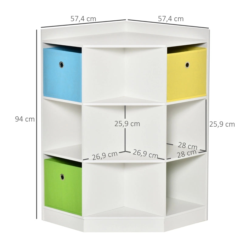 Libreria angolare per bambini con 3 box portaoggetti, bianca, 57,4 x 57,4 x 94 cm