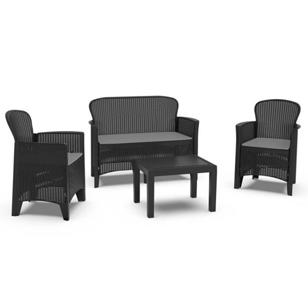Trade Shop - Set Salotto Giardino Divano 2 Poltrone Tavolino Cuscini Effetto Rattan Antracite 156043 -