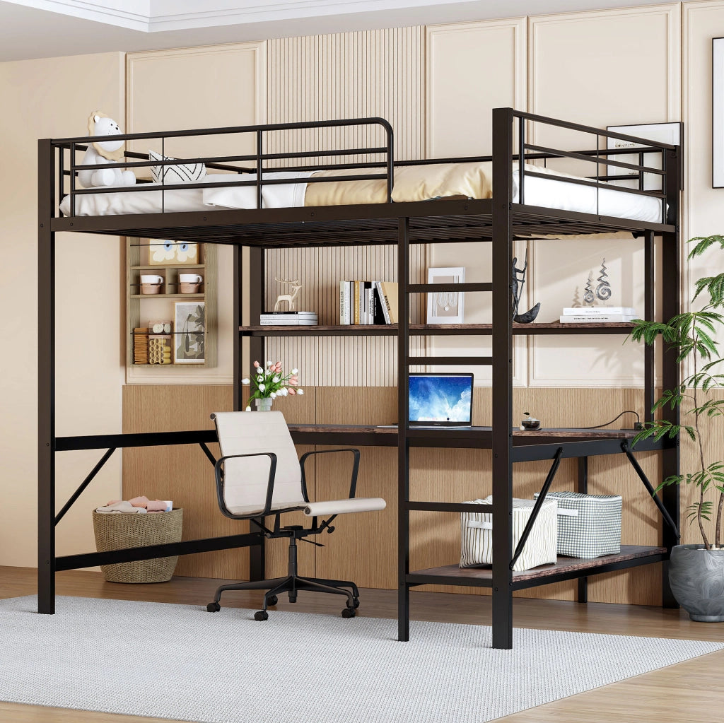 Letto a soppalco 140x200 cm; con scrivania e mensola; metallo; nero (Senza materasso)