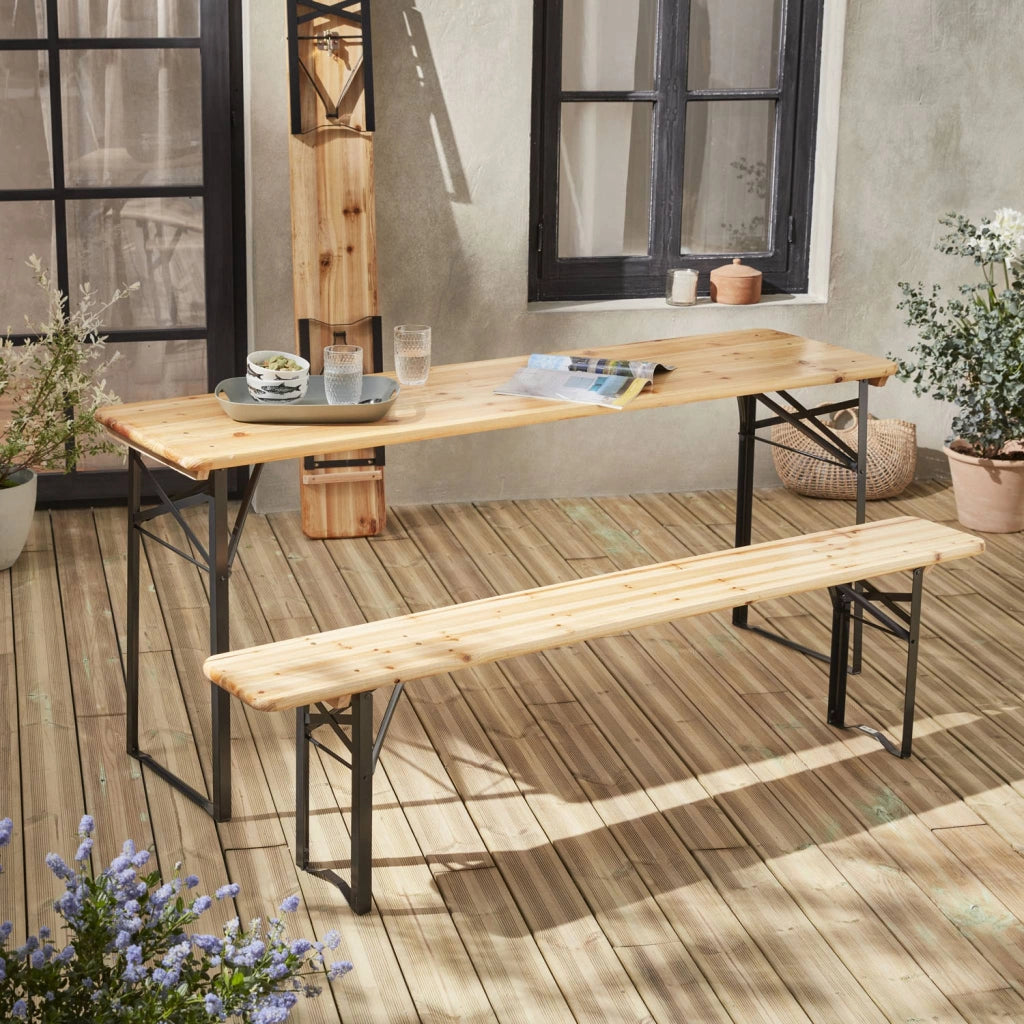 Set tavolo da giardino pieghevole in legno con 2 panche, marrone