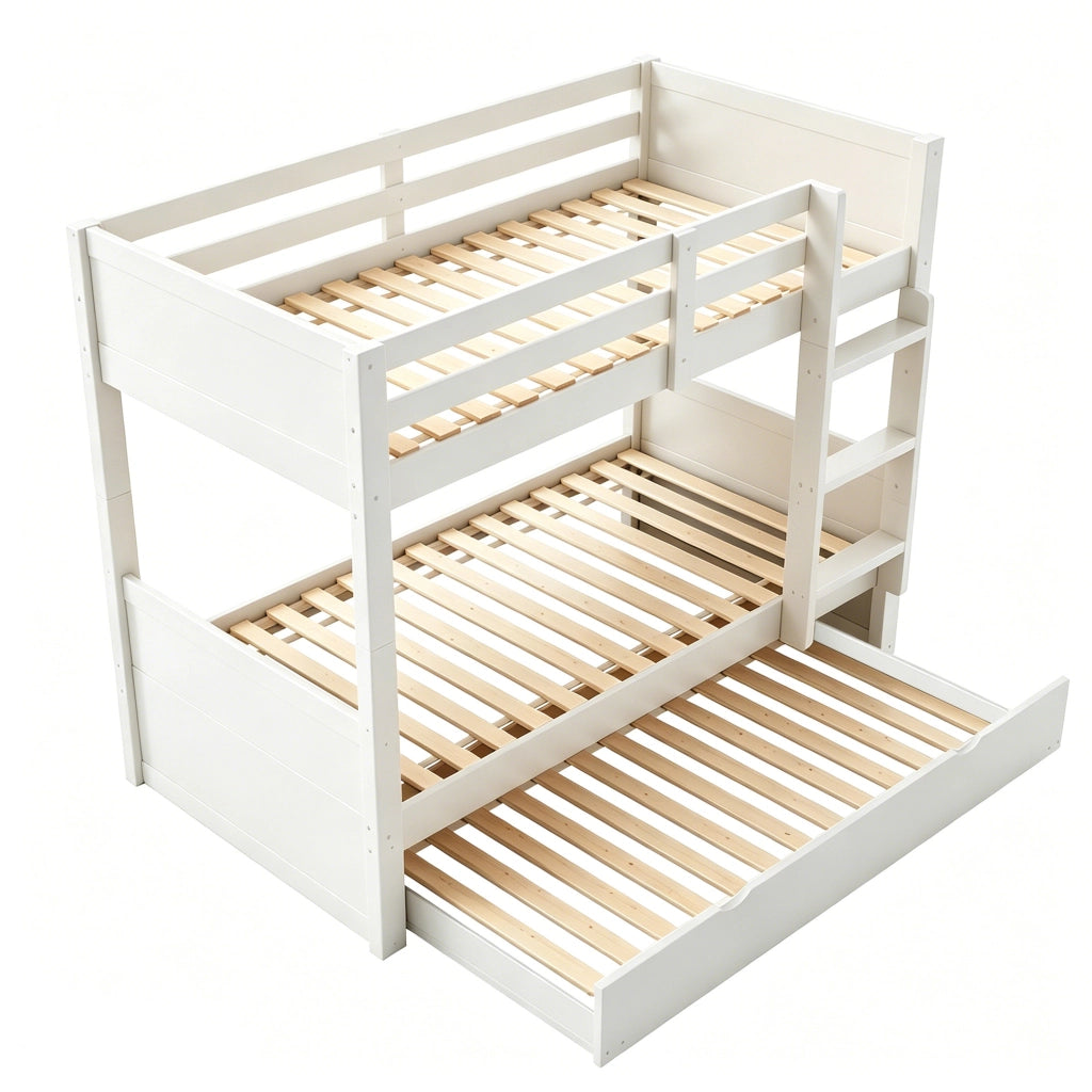 Letto a castello 90x200 cm in legno con letto estraibile, trasformabile in 2 letti singoli, bianco