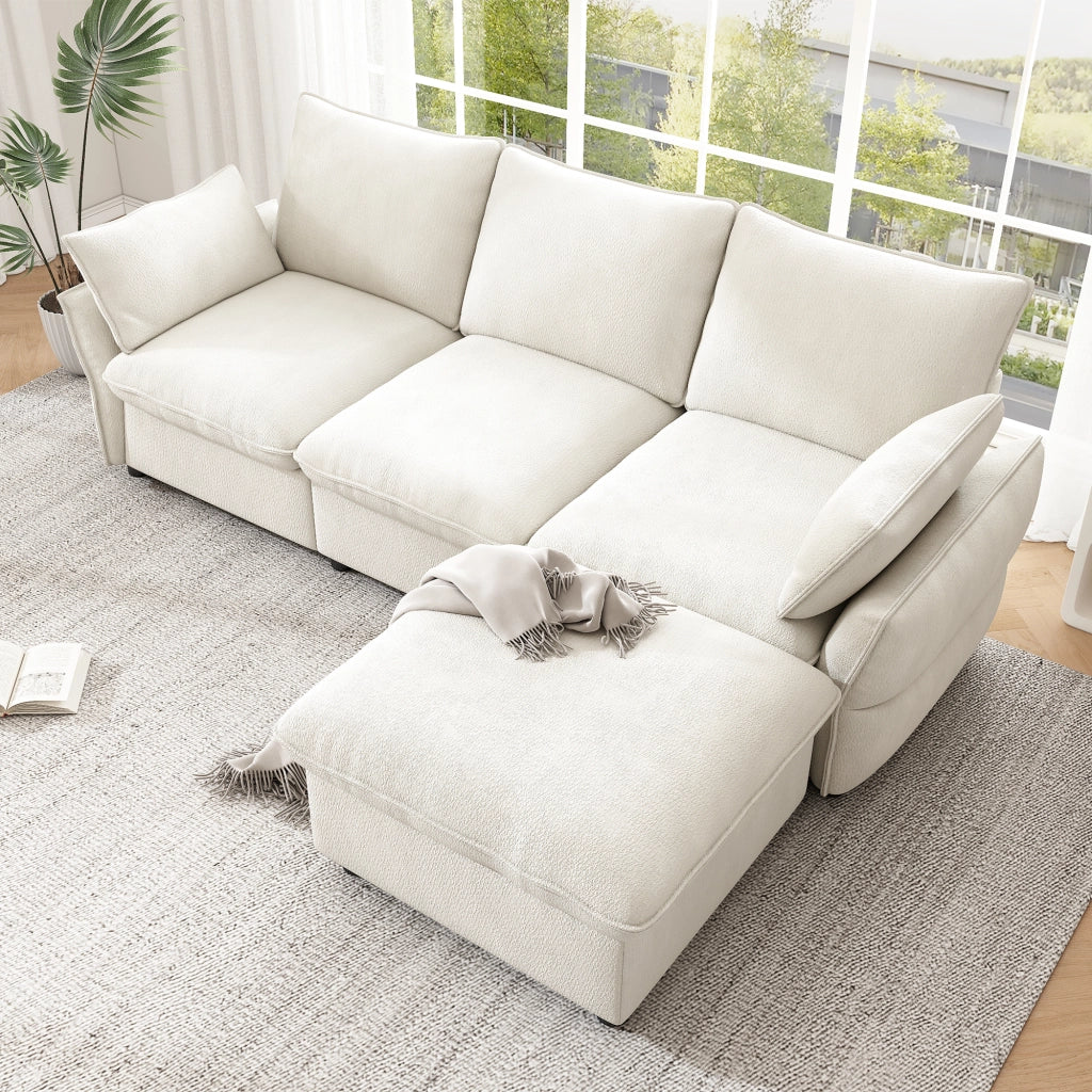 Divano angolare 3 posti - con pouf e 2 cuscini - per soggiorno e casa - in chenille beige