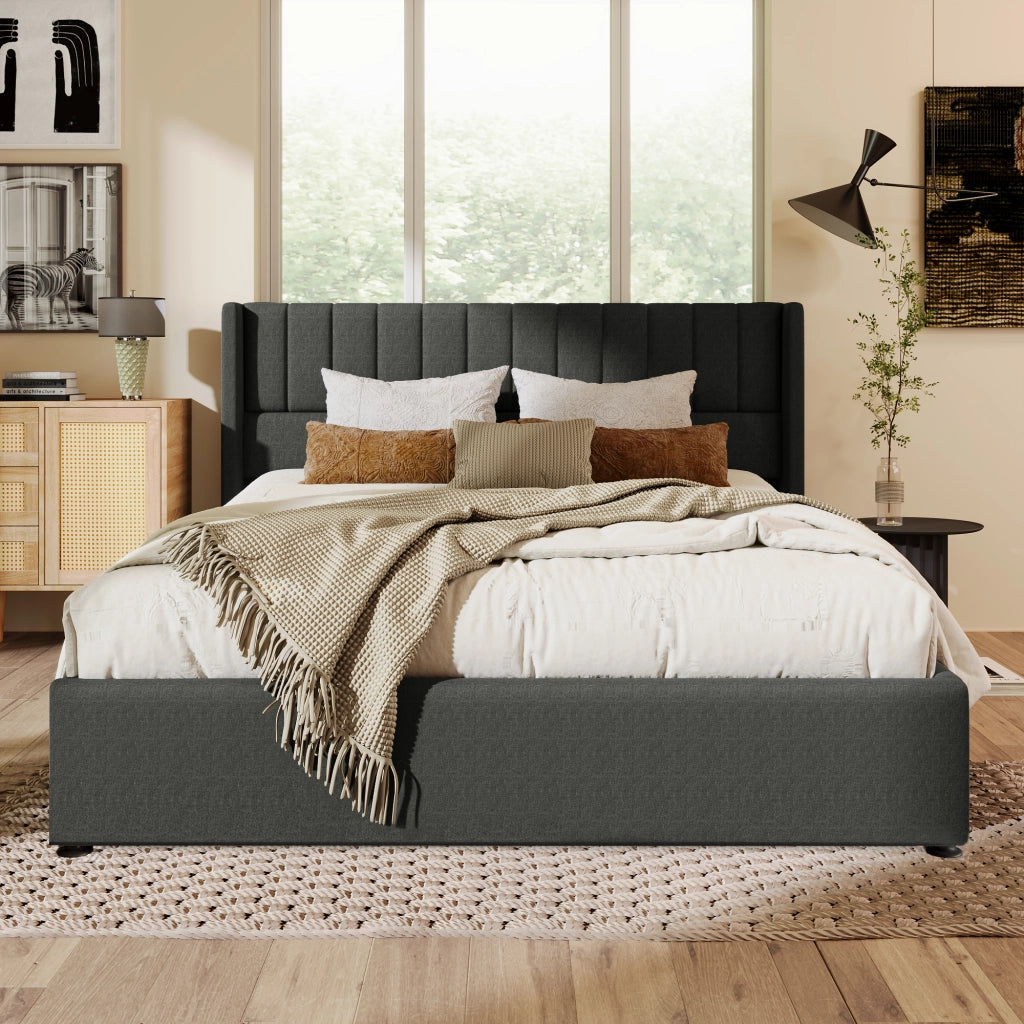 OKWISH Letto Contenitore 180×200 cm, Letto Matrimoniale con Contenitore, Testiera Imbottita e Doghe, senza Materasso, in Lino, Grigio