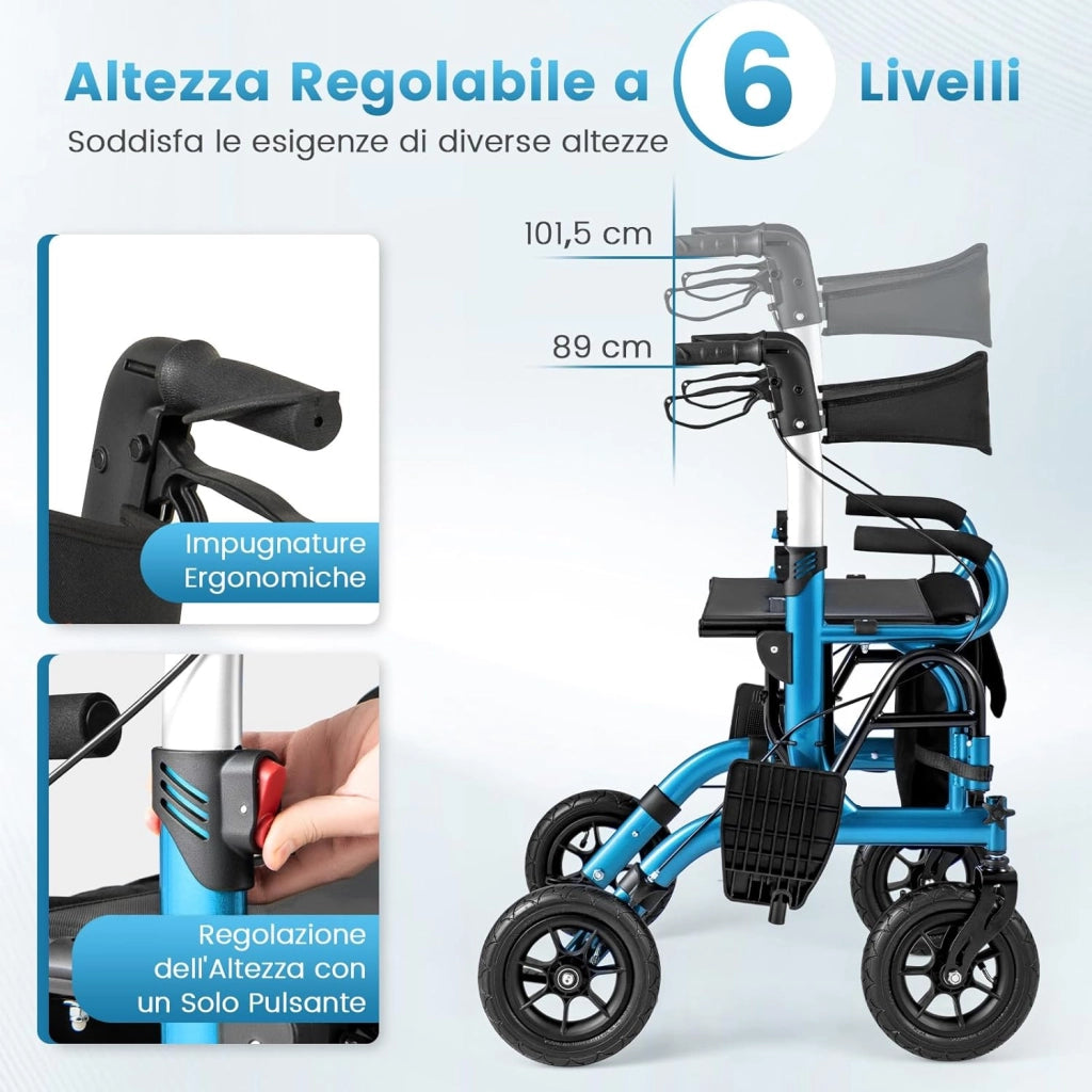 2 in 1 Deambulatore Pieghevole e Sedie a Rotelle per Anziani in Alluminio, Rollator Altezza Regolabile con Seduta e Freni, Girello per Anziani con Ruote Robuste, Carico Massimo 140 kg (Blu)