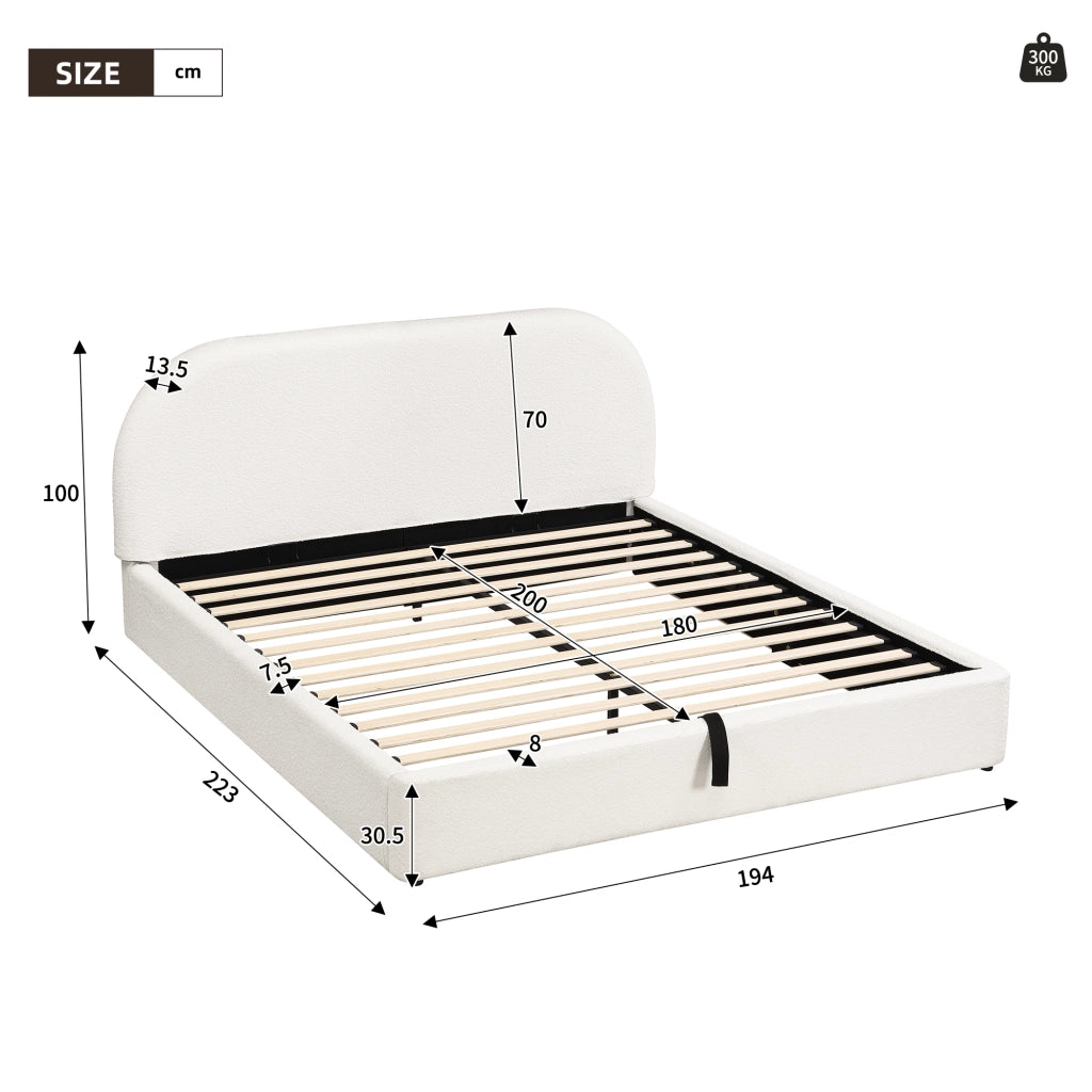 Letto Matrimoniale 180 x 200 cm; Letto Contenitore idraulico e Testiera Imbottita; Beige