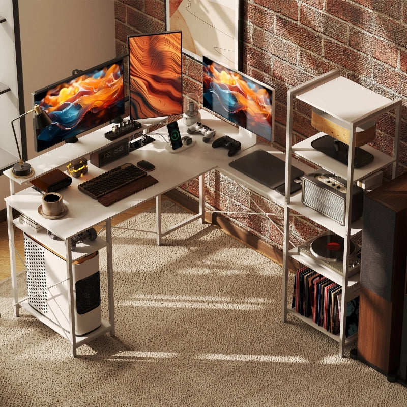 Scrivania angolare in legno con presa elettrica, porte USB e supporto monitor, per ufficio, bianco 137 × 140 × 139,5 cm