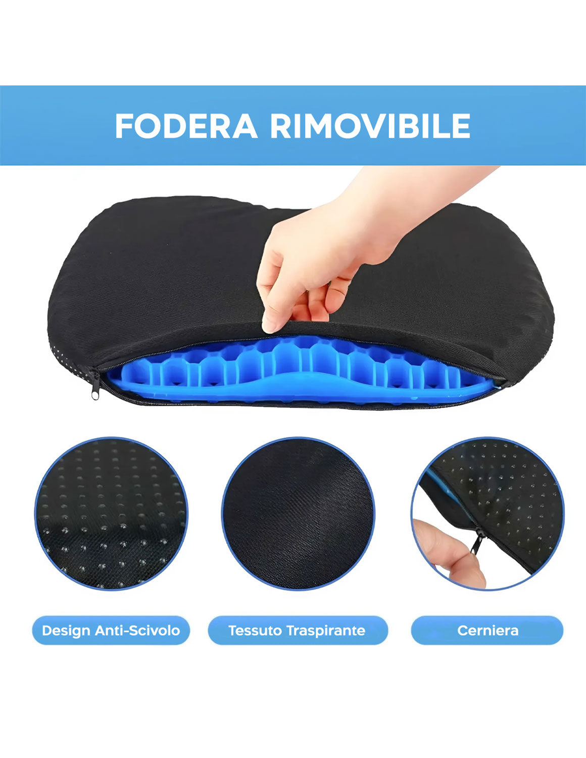 Set 3 Pezzi Cuscino Gel per Sedute Prolungate 37x30x4 cm Ergonomico