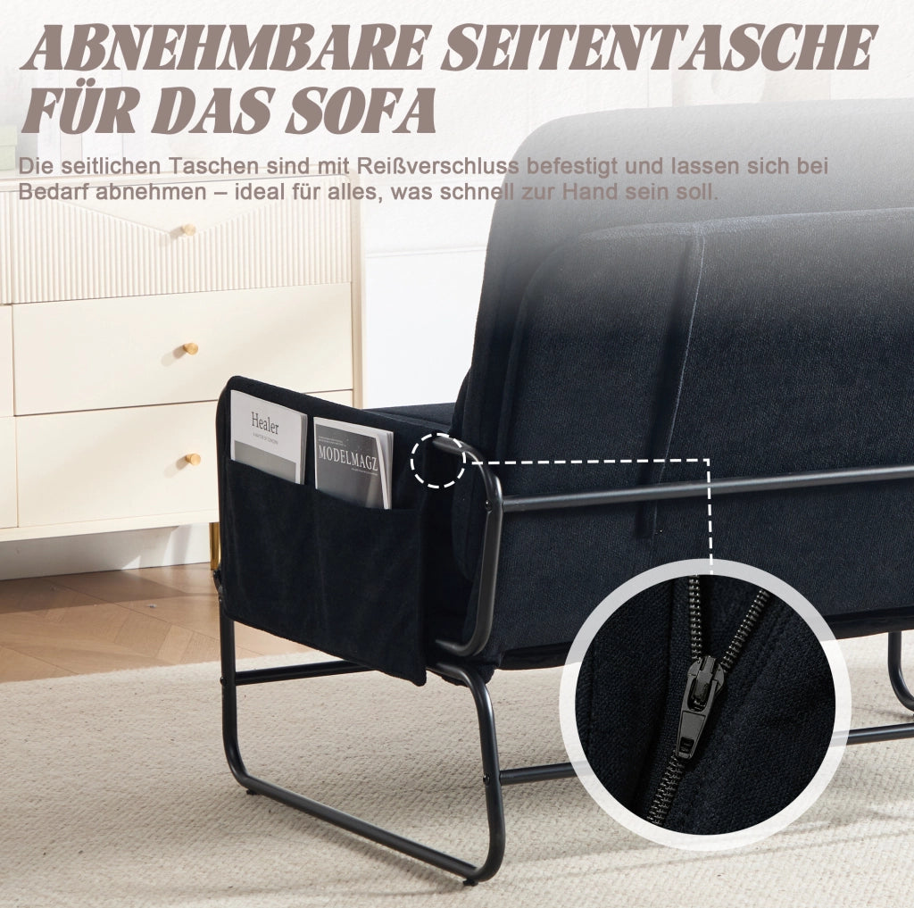 DIVANO LETTO 2 Posti Trasformabile 104x200 cm in Chenille Nero