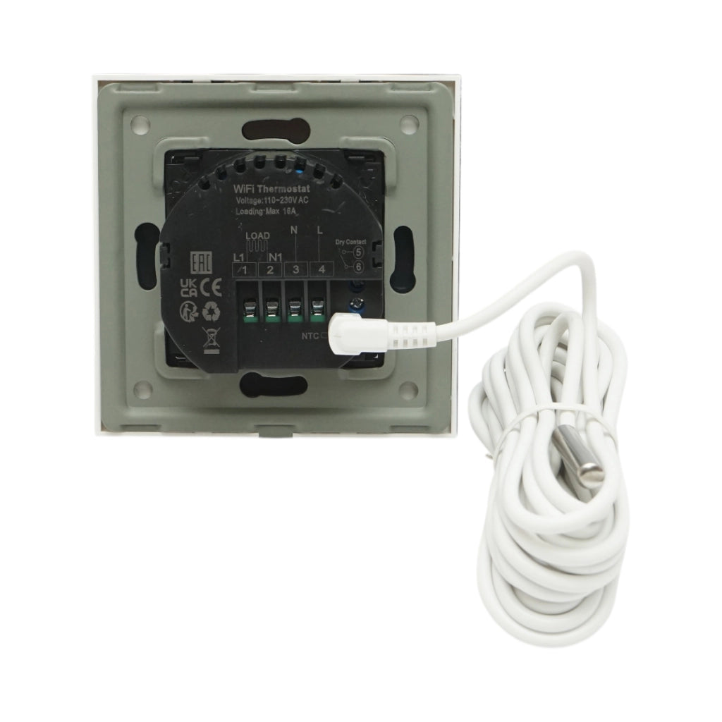 Termostato WiFi per riscaldamento a pavimento e caldaia, display digitale, sensore esterno, cornice in vetro bianco 86x86mm